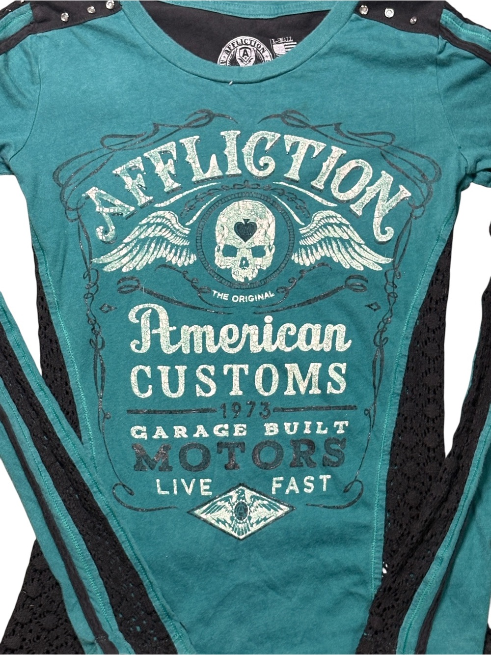 Affliction American Customs Garage Built Motors Teal Long Sleeve Y2K Small - Picture 2 of 5